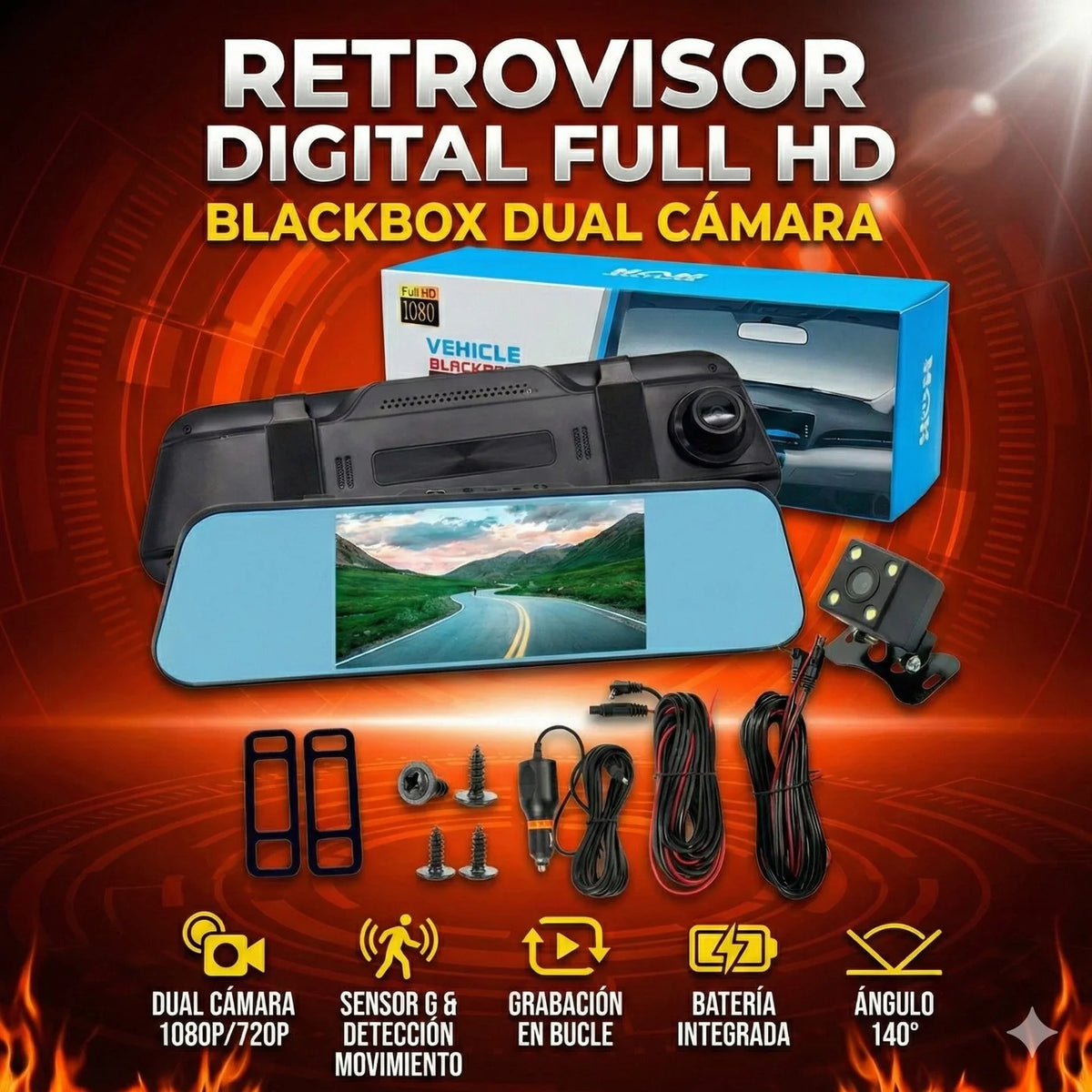 RETROVISOR 2 EN 1 CON CÁMARA HD 🚗 — Cámara de reversa y grabación en bucle en el mismo espejo