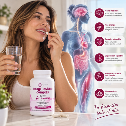 MAGNESIO 20 EN 1 PARA MUJER 120 CÁPSULAS 🌙 💜 — Complejo de Magnesio con Ashwagandha para Descanso y Energía Diaria
