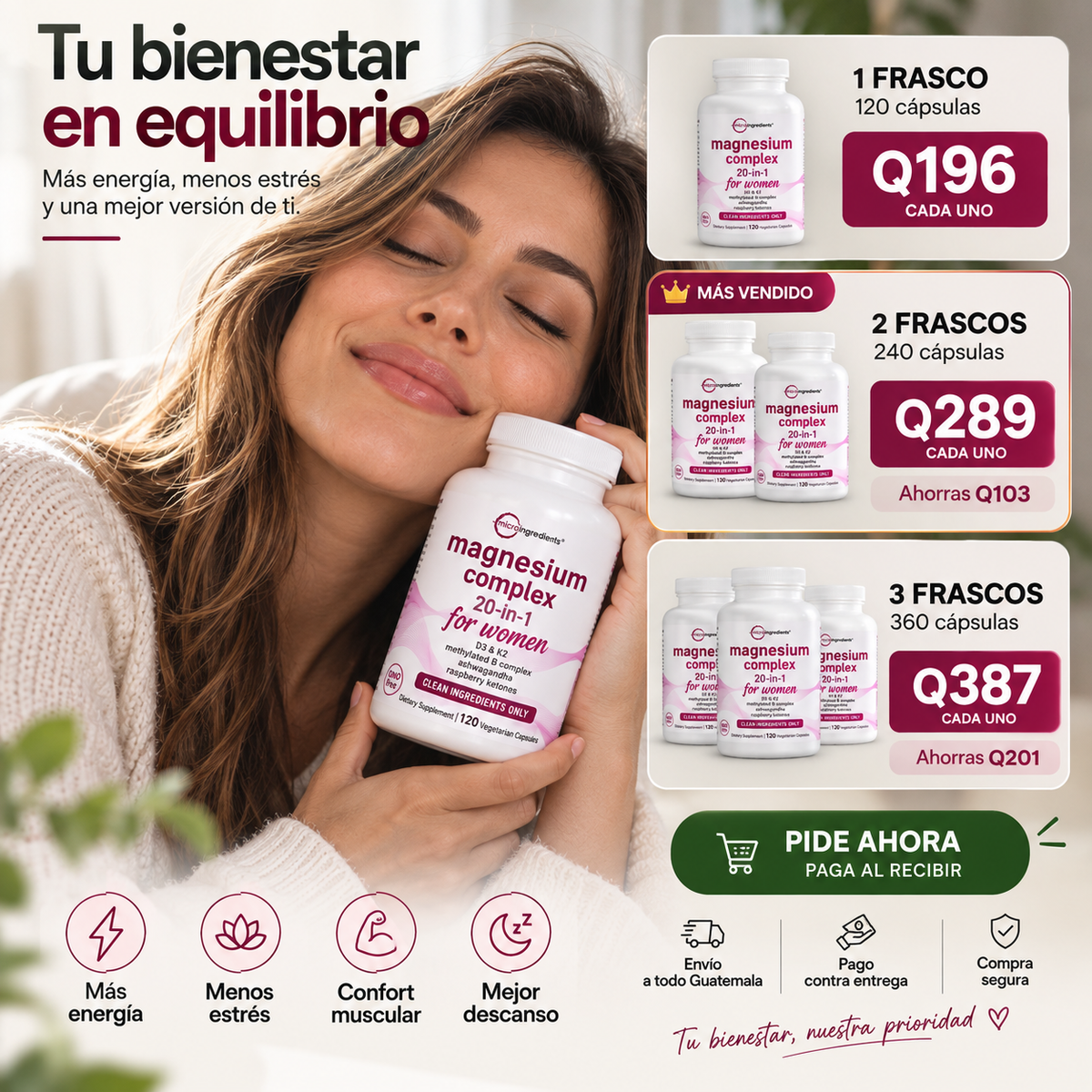 MAGNESIO 20 EN 1 PARA MUJER 120 CÁPSULAS 🌙 💜 — Complejo de Magnesio con Ashwagandha para Descanso y Energía Diaria