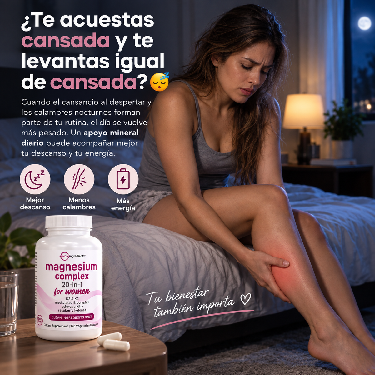 MAGNESIO 20 EN 1 PARA MUJER 120 CÁPSULAS 🌙 💜 — Complejo de Magnesio con Ashwagandha para Descanso y Energía Diaria