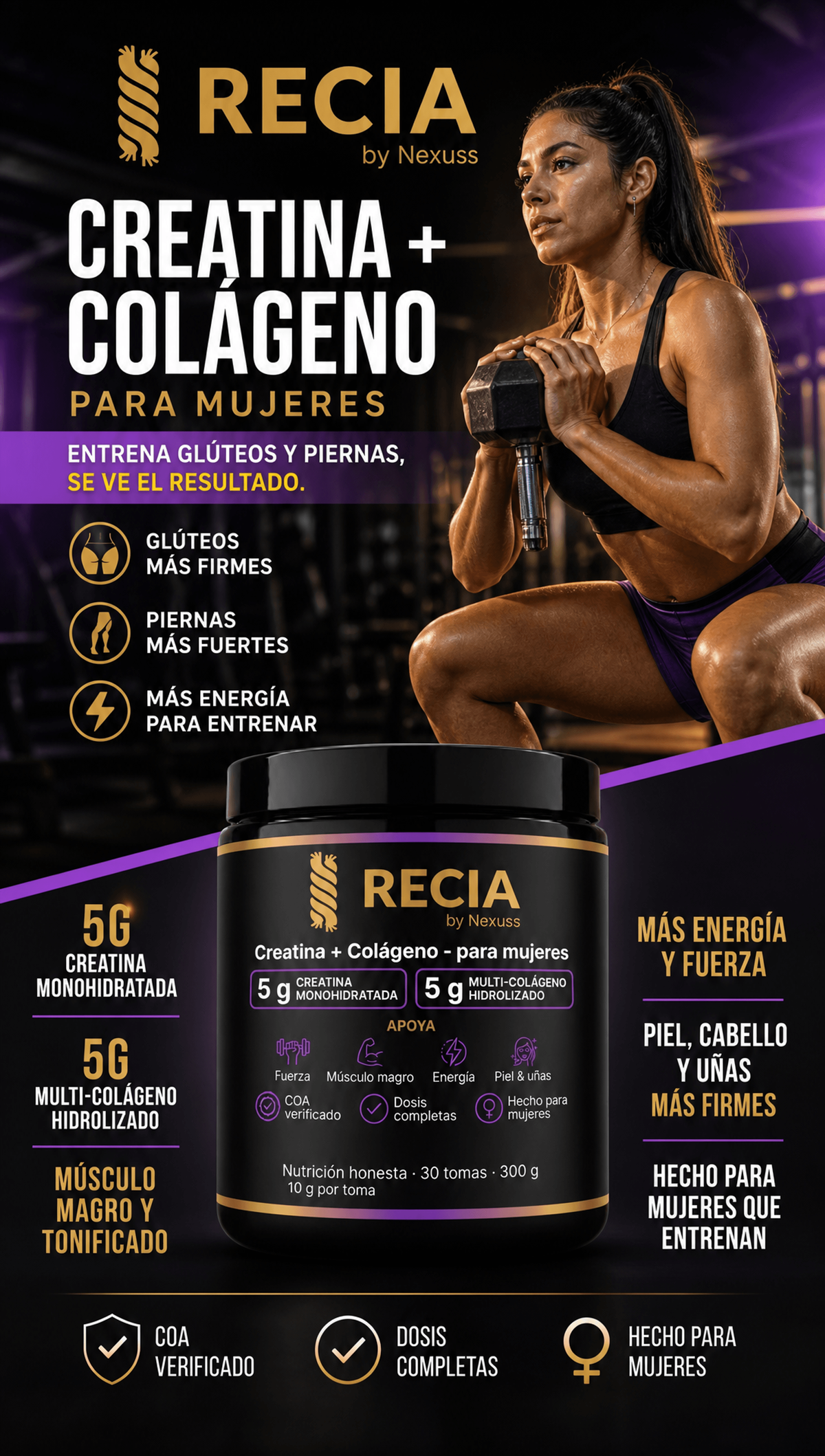 Creatina monohidratada 5 gramos + Colágeno hidrolizado 5 gramos